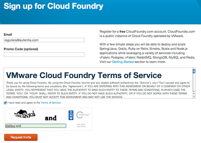 Formulario de registro en Cloud Foundry