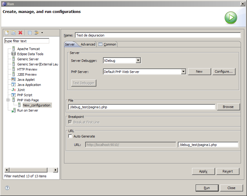 Eclipse PDT Configuration Launch con XDebug para el proyecto debug_test