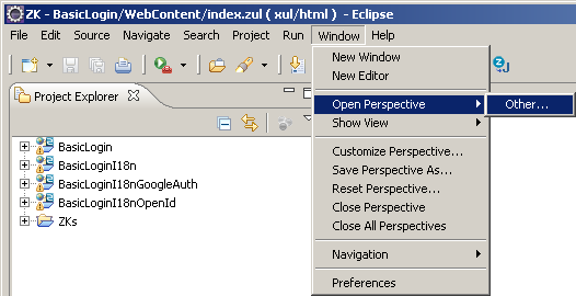 Eclipse menu Window, Open Perspective, Other...