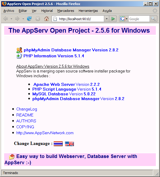 Pantalla de bienvenida a The AppServ Open Project - 2.5.6 for Windows