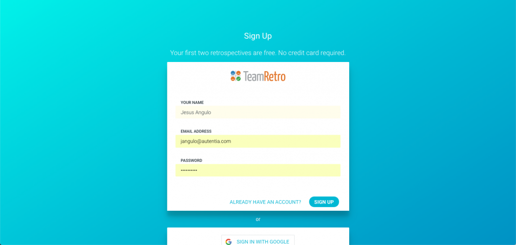 En la imagen se muestra la página de registro de la aplicación TeamRetro donde aparece un formulario para el nombre, correo y contraseña