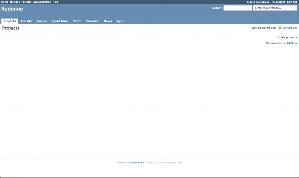 Imagen que muestra la pantalla de Administración de proyectos en Redmine