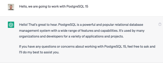 ChatGPT works with PostgreSQL 15