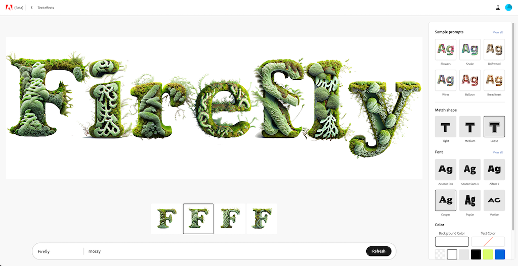 Imagen con el texto Firefly generado con textura de musgo por la herramienta