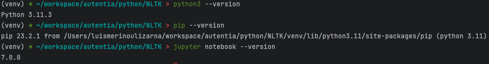 Versiones de Python, pip y Jupyter notebook instaladas