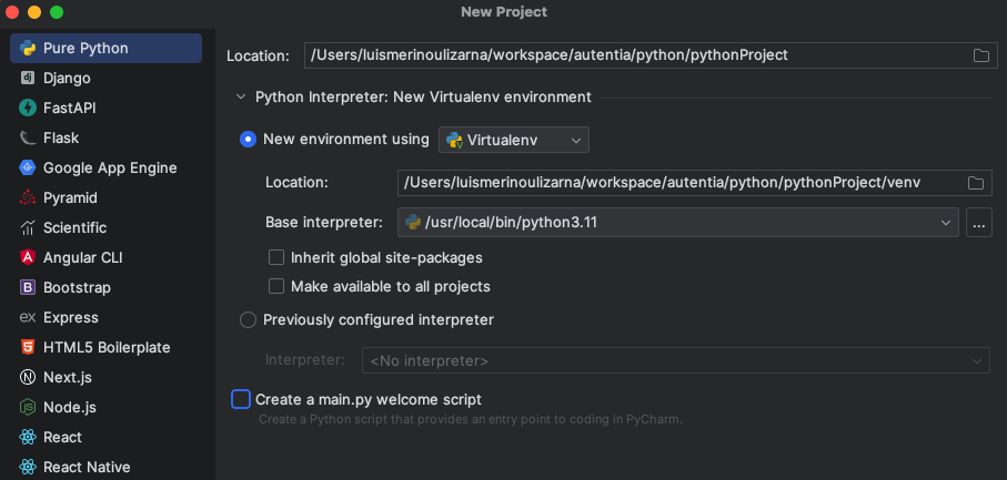 Configuración por defecto con intérprete de Python