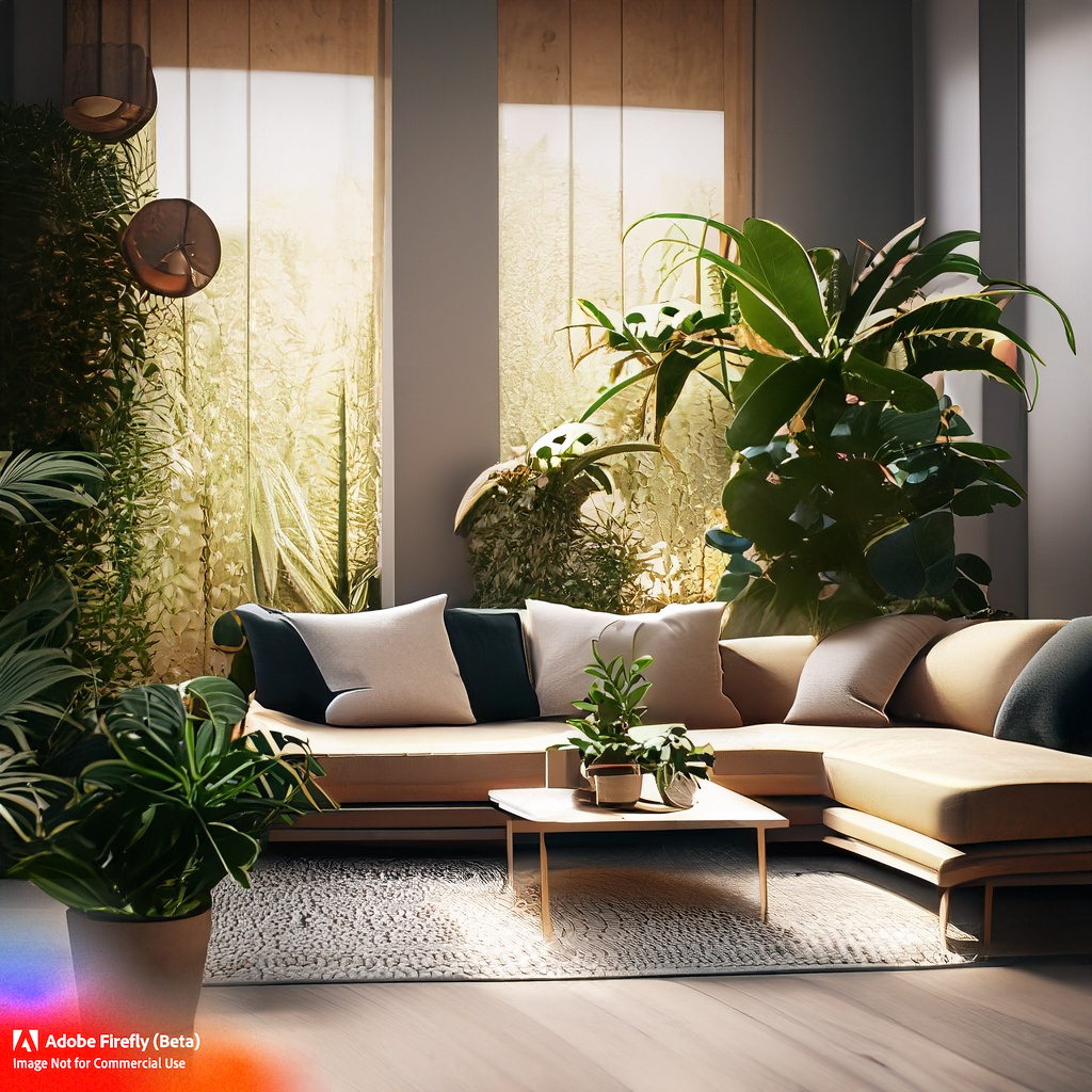 interior design living room with a lot of plants generated by AI