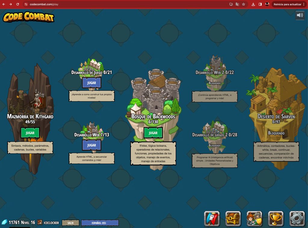 Imagen que muestra de izquierda a derecha los diferentes mundos de Code Combat representados como islas flotantes.