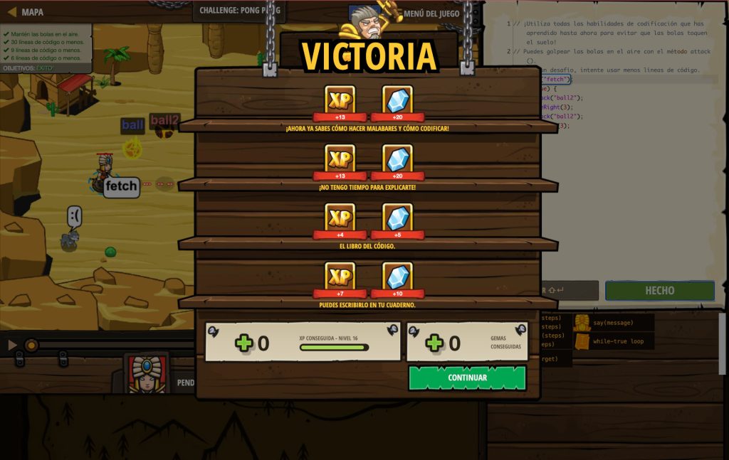La imagen muestra la pantalla de recompensas de Code Combat al finalizar un nivel