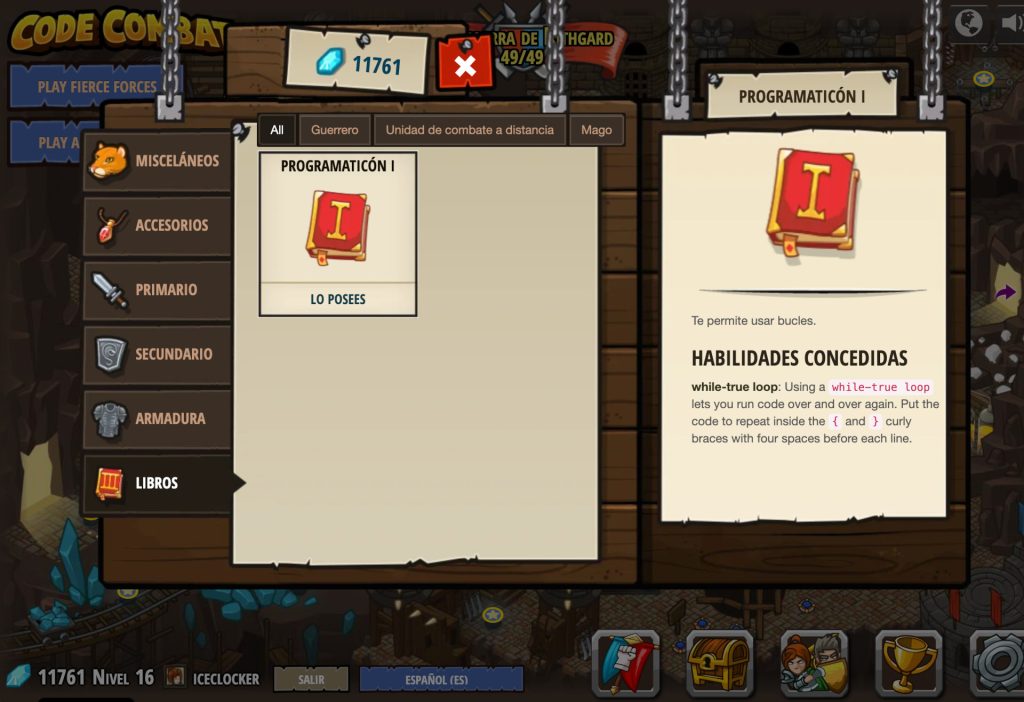 La imagen muestra la sección Objetos en Code Combat