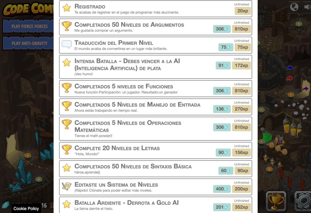 La imagen muestra la lista de logros de Code Combat
