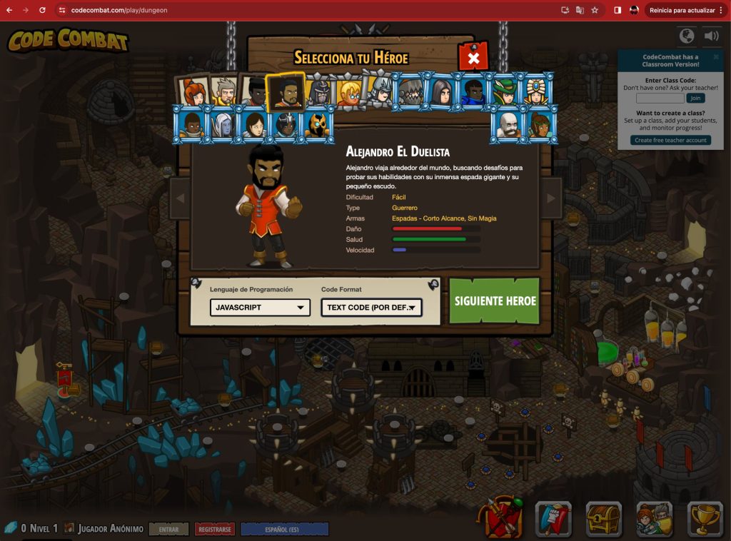 La imagen muestra una pantalla con una lista de avatares de diferentes personajes que podemos seleccionar para jugar.