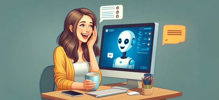 ilustración de mujer hablando con ia en ordenador