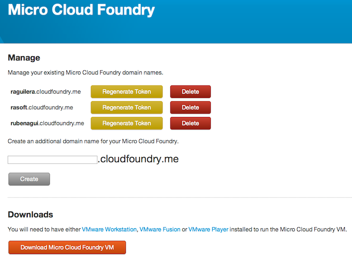 Pantalla de administración de Cloud Foundry