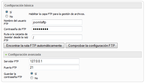 Introducir los parametros para la capa FTP de Joomla