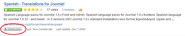 Descarga del paquete de idiomas de Joomla