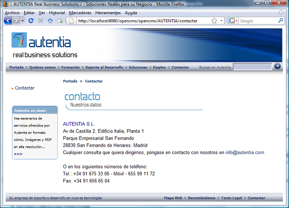 Seccion Contacto de la web de Autentia en OpenCms 7