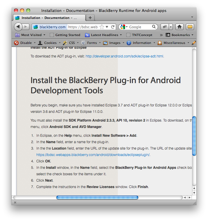 Instrucciones de instalación del plugin de BlackBerry para Eclipse