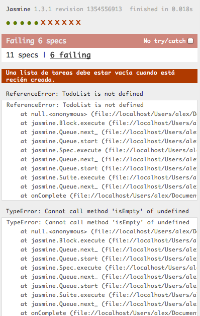 Como muestra un error el unner de HTML de Jasmine