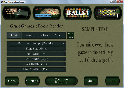 Menu del programa GrassGames eBook Reader