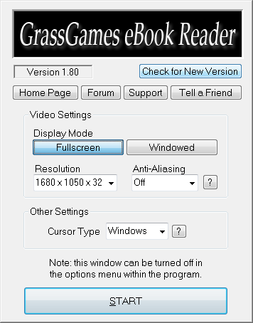 Pantalla de configuracion de GrassGames eBook Reader