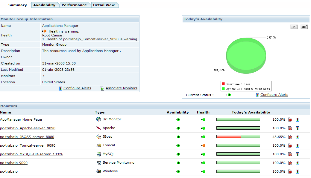 Resumen de los monitores dados de alta en el ManageEngine Applications Manager