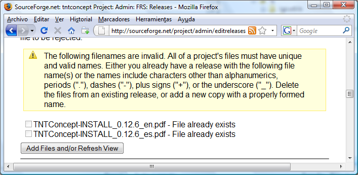 SourceForge no permite nombres de ficheros repetidos en cualquier release