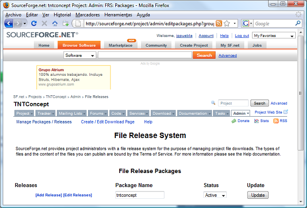 Menu Add Release para el paquete TNTConcept del proyecto en sourceforge.net