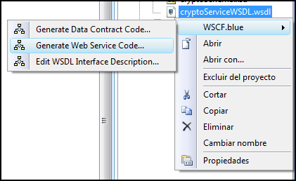 Menu contextual de WSCF.blue en Visual Studio 2008